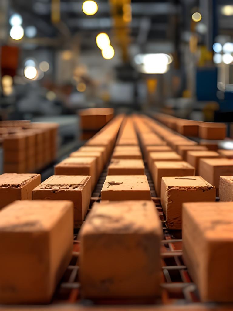 Línea de producción de ladrillos con piezas recién moldeadas en una nave industrial luminosa