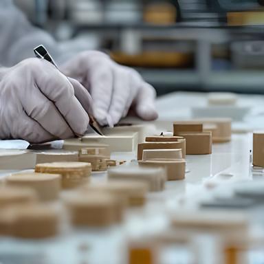 Técnica de control de calidad midiendo piezas cerámicas en mesa de laboratorio