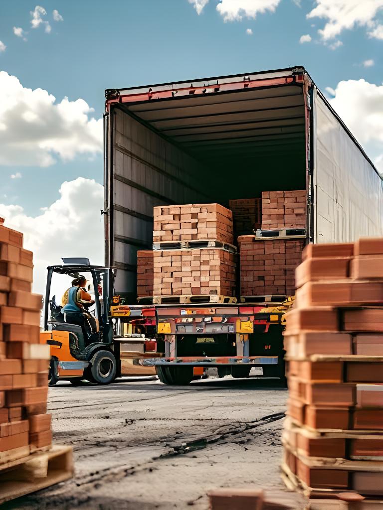 Camión cargando pallets de ladrillos al aire libre con cielo despejado y movimiento logístico