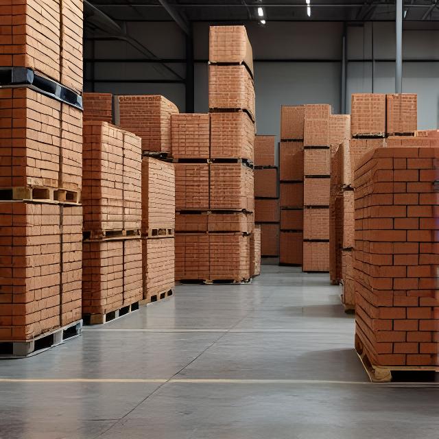 Depósito con ladrillos apilados en pallets y orden de despacho para obra