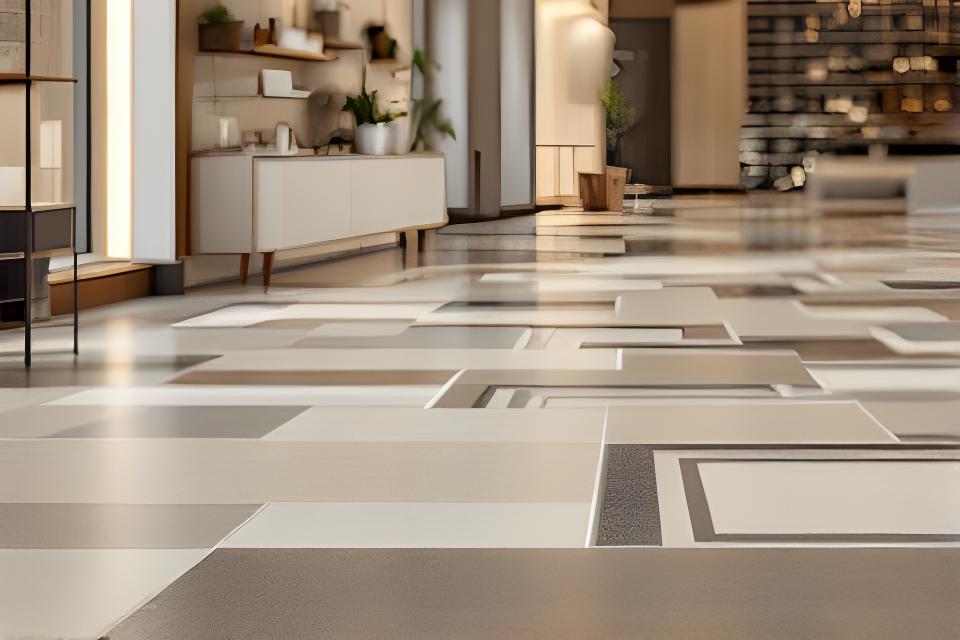 Mosaico de cerámicos para pisos con diseños y terminaciones variadas en un showroom industrial