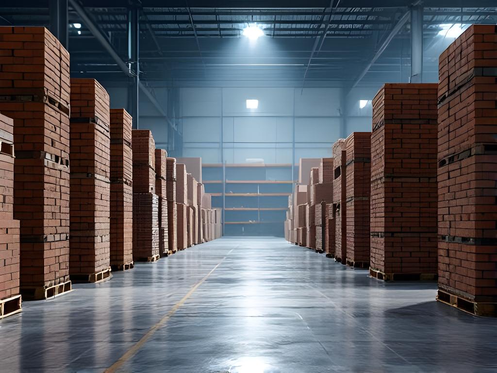 Plano general de ladrillos y cerámicos apilados en un depósito industrial con luz natural
