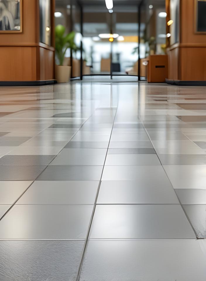 Piso de cerámicos en un centro comercial con tránsito intenso, terminación uniforme y reflejos controlados