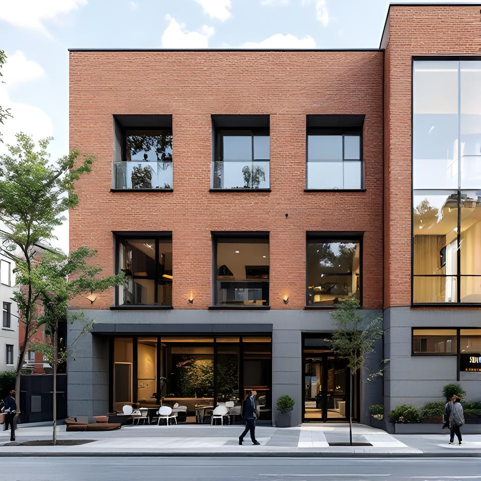 Fachada moderna con ladrillos expuestos y volumen arquitectónico en una obra urbana