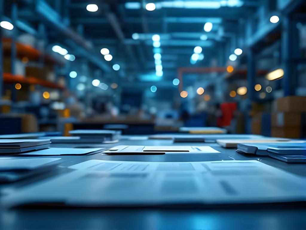 Planillas de privacidad y control documental sobre una mesa de trabajo en una oficina industrial luminosa